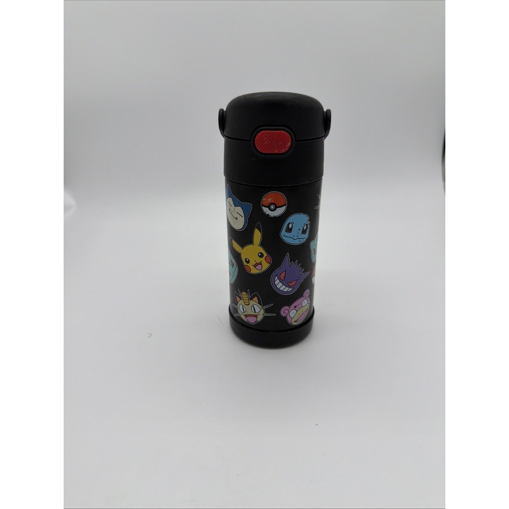 Pokémon Kids Water Bottle Black Plastic Push Button Lid Handle Pikachu Squirtle